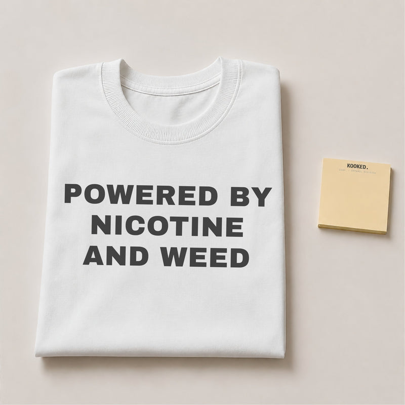 Powered by Nicotine and Weed Tee — mockup 2